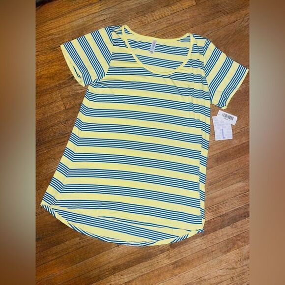 LuLaRoe Women’s Large Yellow w/Blue Stripes Classic Tee Blouse Coastal Comfy - Picture 5 of 16